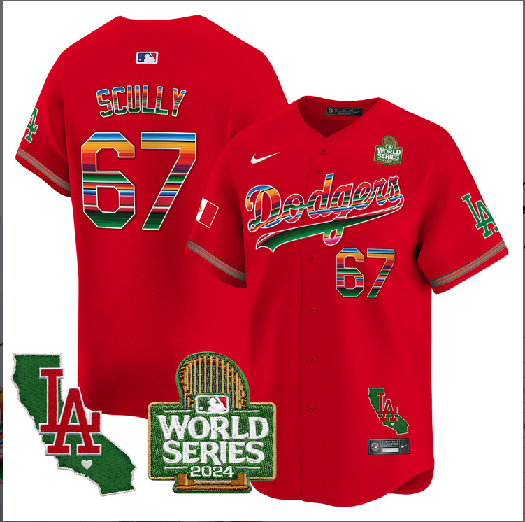 Men MLB Mexico Los Angeles Dodgers #67 Scully red 2024 World Series Champions Patch Jersey 2024110 style 2->los angeles dodgers->MLB Jersey